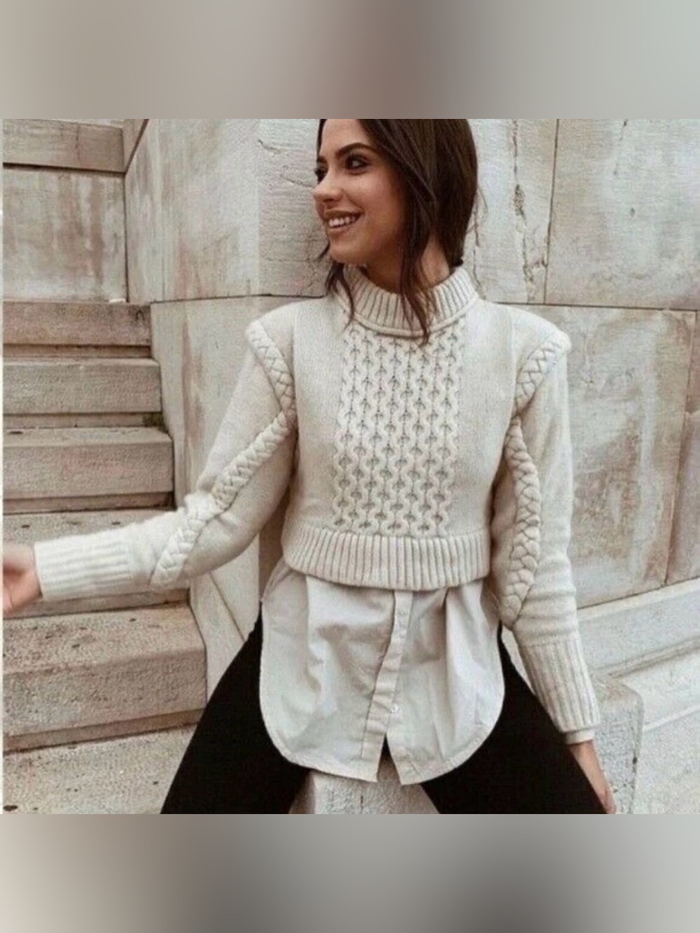 Zara Ecru Cable Knit Cropped Sweater Shoulder Pads Braided Sleeves Cream Small